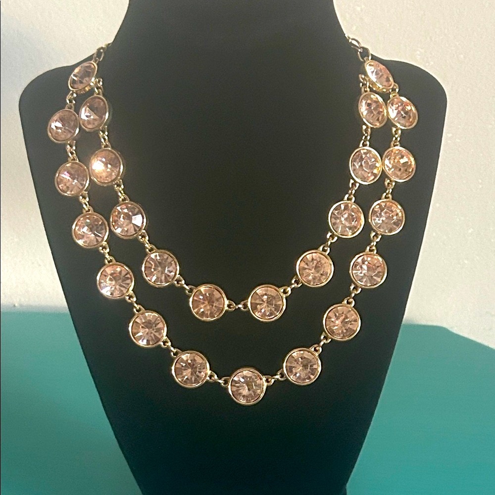 Double Strand Gold and Blush Pink Faceted Bezel Set Crystal Statement Necklace